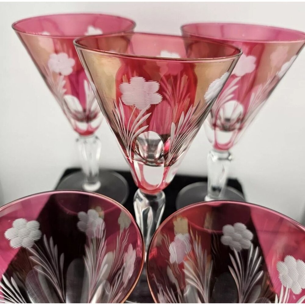 6 Italian Cranberry Glass Cut to Clear Cocktail Glasses 6" Italy floral cut glas - Picture 4 of 8
